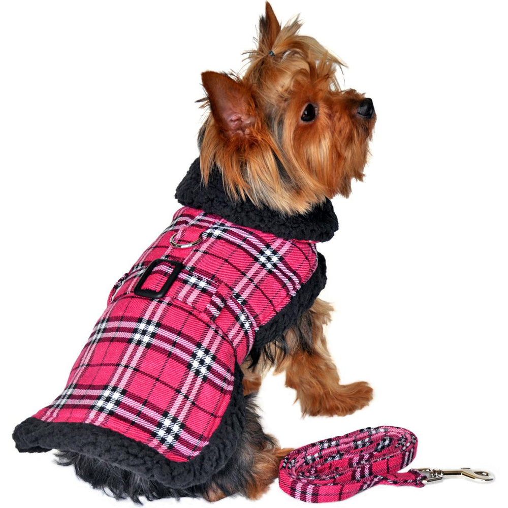 Hot Pink Plaid with Black Thick Fur Collar Harness Coat