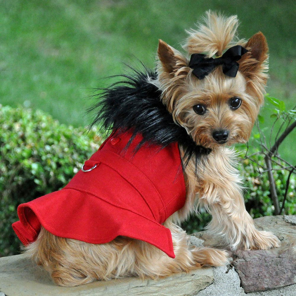 Wool Fur-Trimmed Dog Harness Coat by Doggie Design - Red