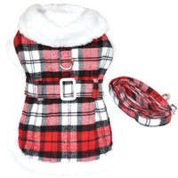 
              Plaid Fur-Trimmed Dog Harness Coat - Red and White
            