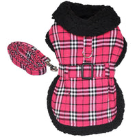 
              Hot Pink Plaid with Black Thick Fur Collar Harness Coat
            